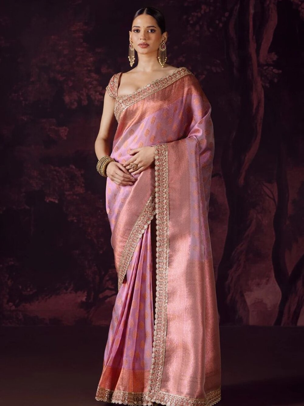 Lashkaraa Pink Ombre Embroidered Tissue Saree (Pre-pleated) - Picture 4 of 7